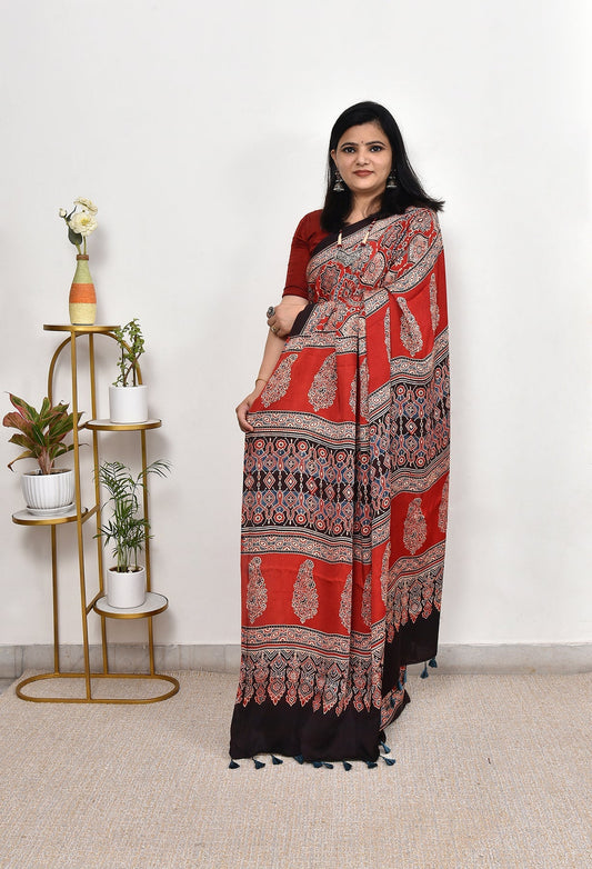 AJRAKH MAROON MODAL SILK DIGITAL PRINTED SAREE