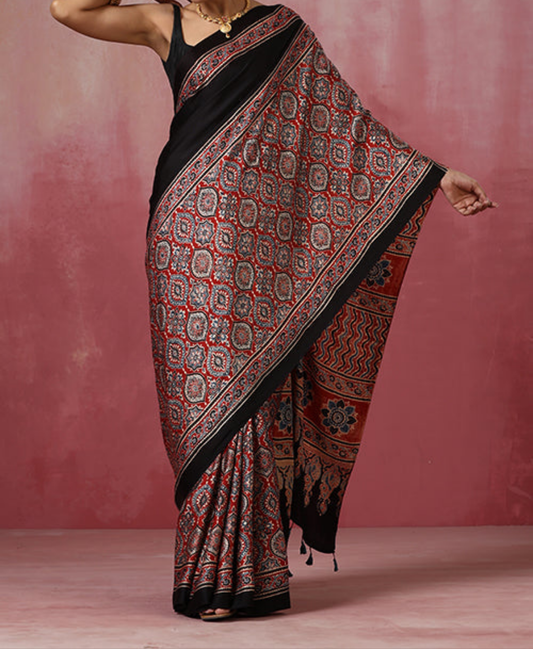 BLACK AND RED COLOR AJRAKH SAREE.