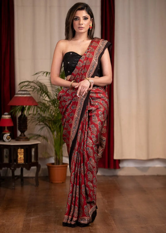 MAROON COLOR AJRAKH SAREE.