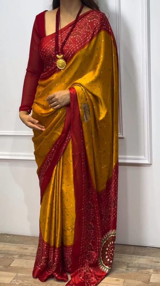 MUSTERD AND RED BANDHNI SAREE