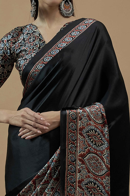 BLACK COLOR HALF AND HALF ELEPHANT AJRAKH SAREE.
