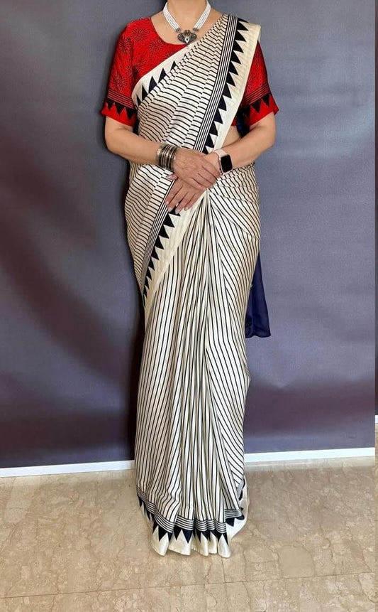 "Exclusive Black & White Stripe Ajrakh Cotton Saree – Handcrafted Elegance"