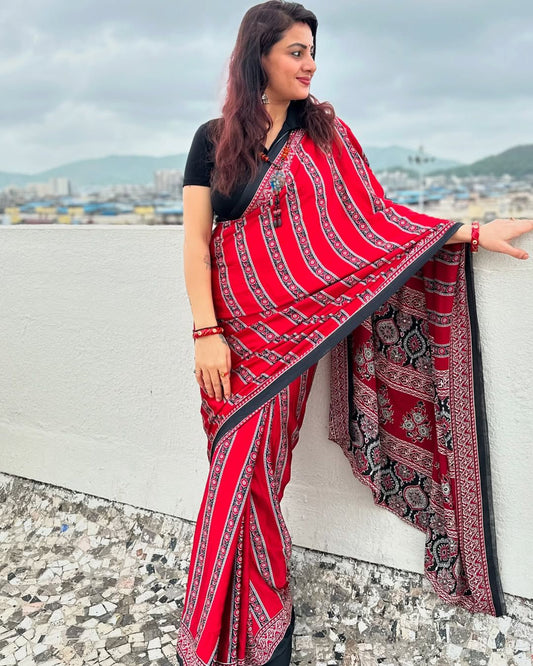 Maroon Black Ajrakh Printed Saree