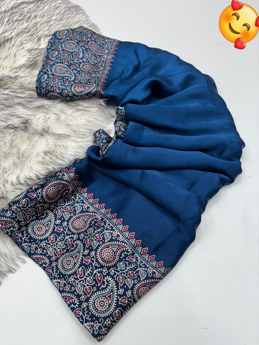 TEAL COLOR AJRAKH SAREE(SMALL KERI)