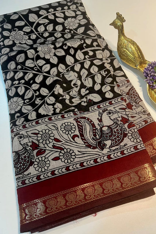 Black Mangalkari Viscouse Silk Print n Weaving Work Fancy Designer Festive Wear Saree for Women