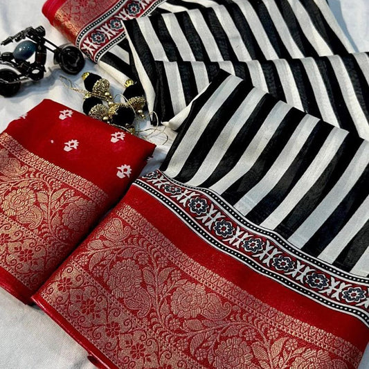 ELEGANT RED AND WHITE AJRAKH PALLU WITH BEAUTIFULL WEVING BORDER SAREE